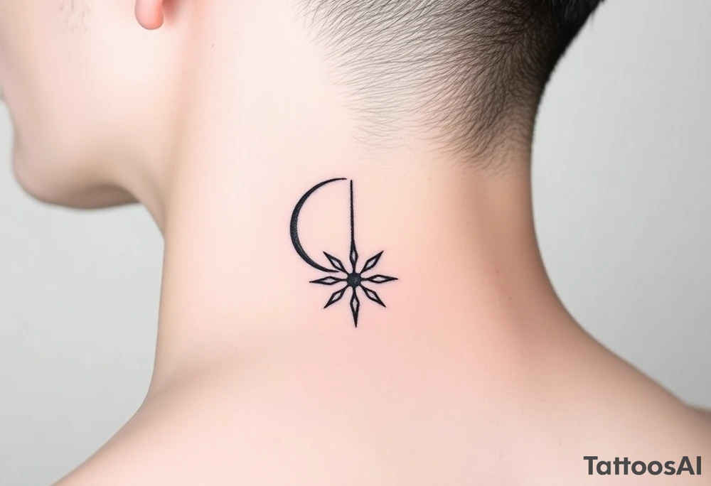 A minimalist crescent moon neck tattoo positioned just behind the ear. The crescent moon is thin and curves to the left. A sharp vertical line extends downward from the inner curve of the moon, intersecting with a symmetrical starburst shape at the center of the line. The starburst has four points — the top and bottom points are elongated, while the horizontal points are shorter, giving it a sleek and modern look. The design features clean, thin lines with a slightly hand-drawn feel, combining celestial and geometric elements. The tattoo follows the natural curve of the neck, giving it an elegant and balanced appearance. tattoo idea