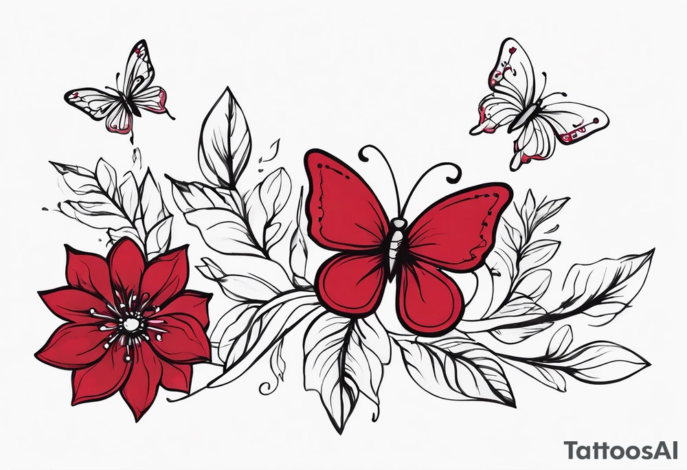 Flowers with "Ruby" in calligraphy font and butterflies around it tattoo idea