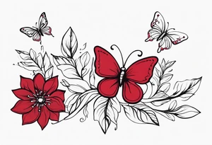 Flowers with "Ruby" in calligraphy font and butterflies around it tattoo idea