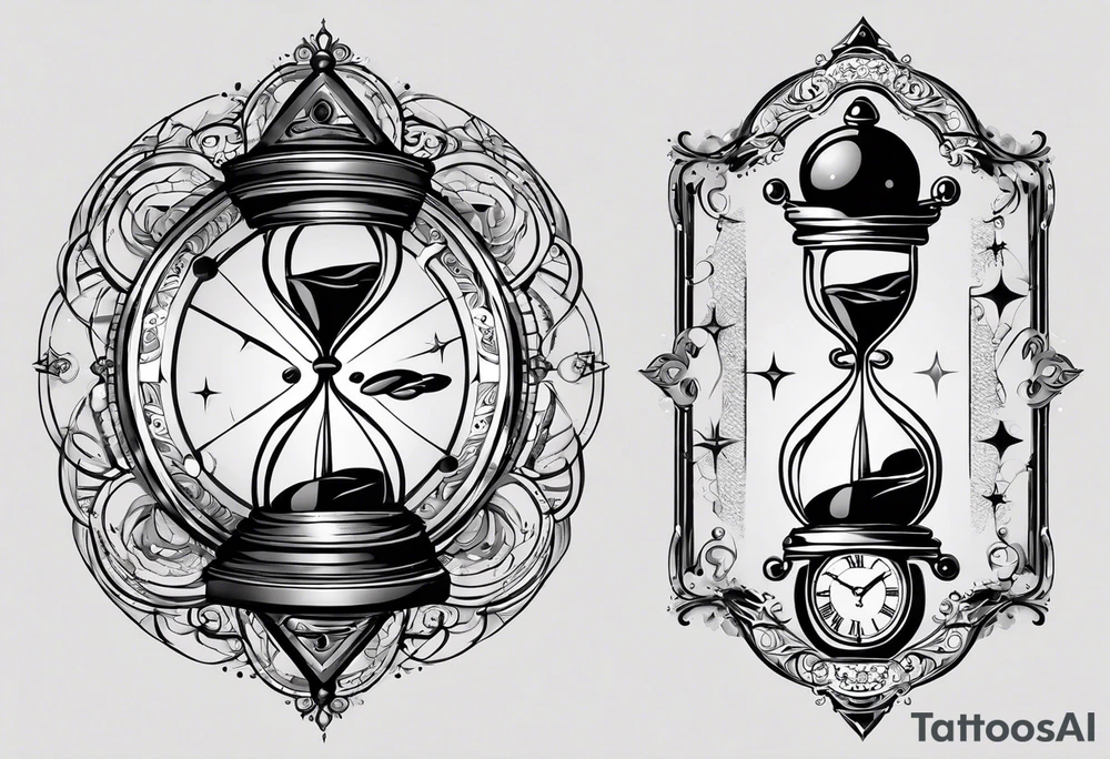 Mix an hourglass with a nautical clock with the addition of planets, galaxies to give a design to print on a t-shirt, the design should be in one color in the form of a tattoo and all the shapes should be mixed to give one shape tattoo for all arms. tattoo idea
