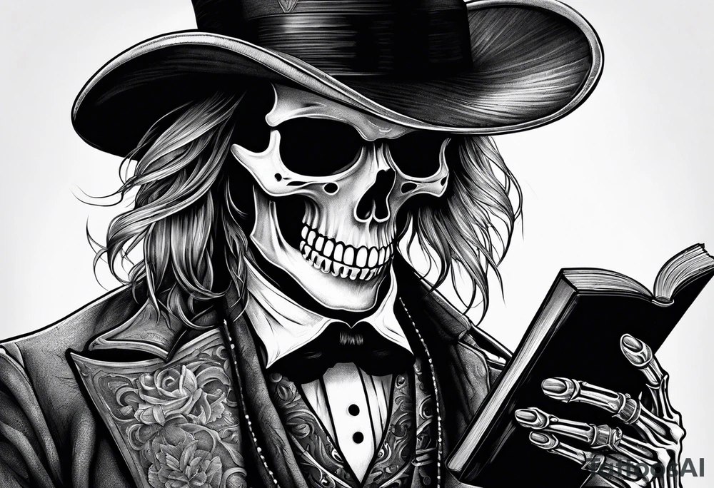 skeleton wearing a top hat holding a bible tattoo idea