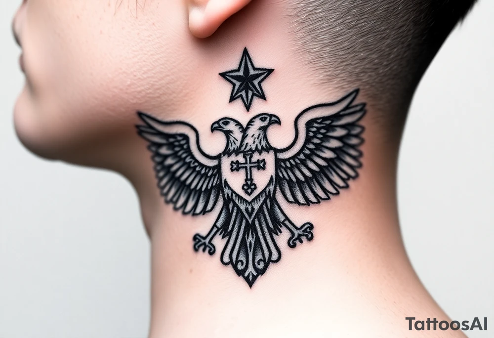 Double-headed eagle outline only (no shading) — suits neck skin which ages differently
Star above, small orthodox cross below tattoo idea