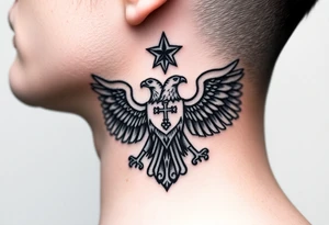 Double-headed eagle outline only (no shading) — suits neck skin which ages differently
Star above, small orthodox cross below tattoo idea