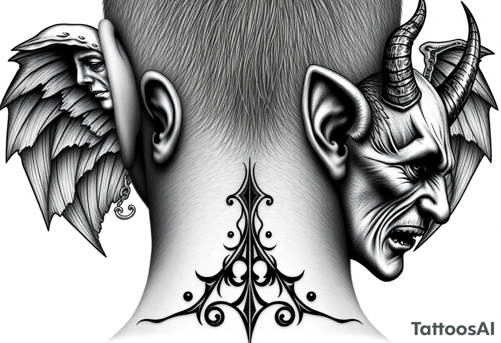position behind the neck Angel (on the right) whispering in the right ear, demon (on the left) whispering in the left ear. It must be as realistic as possible. tattoo idea