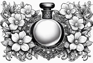 Pearl necklace wrapped around 1950s perfume bottle with flowers and bows surrounding tattoo idea