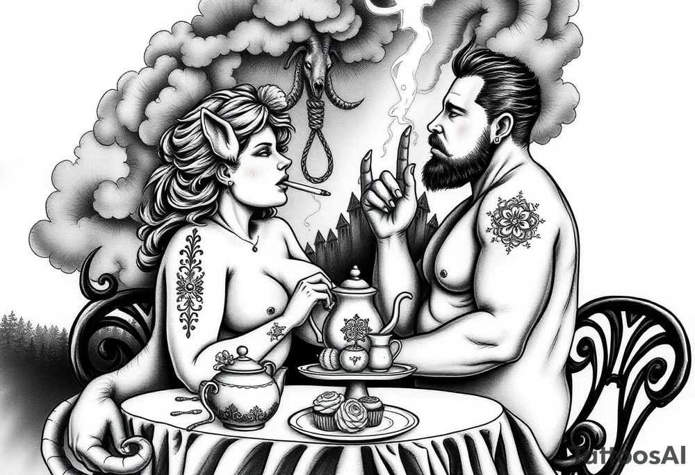 Naked Man and woman having sex Storm lightening clouds gothic sexy naked fat lady having a tea party with tea pot and medieval castle
with a pig, peacock, noose, lion, goat, smoking cigerettes looking in the mirror eating a cake thru storm clouds with razor blades and broken hearts and darkness and wrath, envy , gluttony, greed, sloth, pride kill tattoo idea