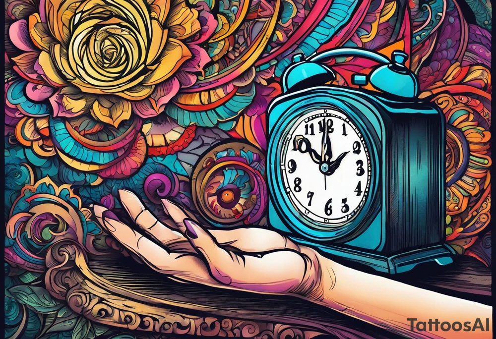 Close up of a hand about to turn off their digital alarm clock. The time on the clock says 5:3666. tattoo idea