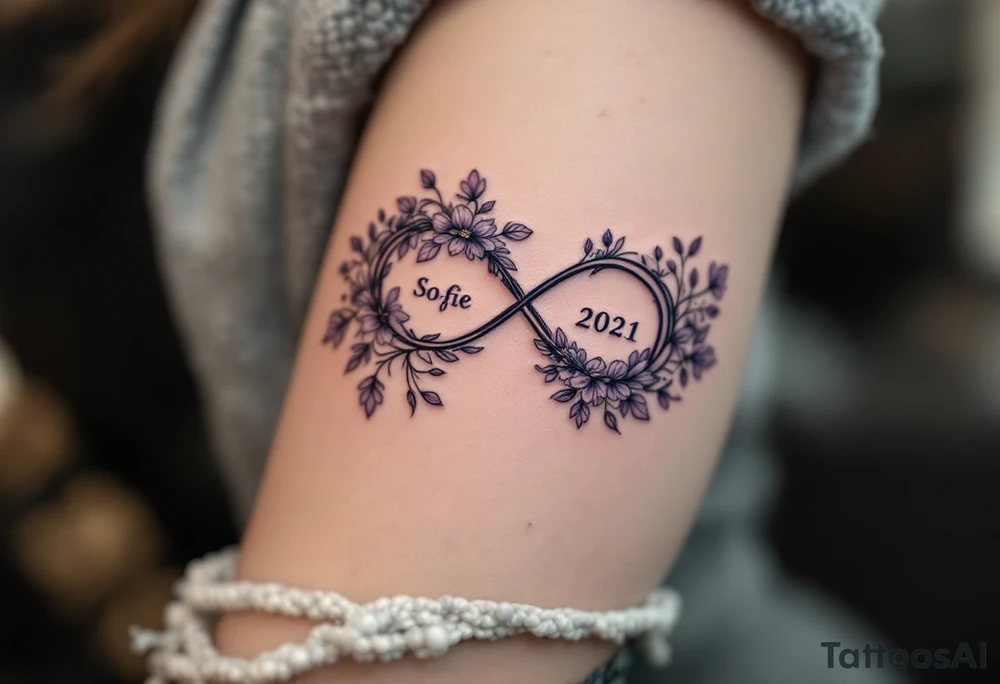 Floral infinity sign incorporating name Sofie and numbers 8.6.2021 v 11:20" in lavender and soft beige. tattoo idea