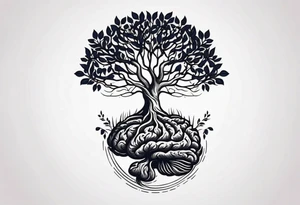 a small tree with its roots morphing into the shape of a brain tattoo idea