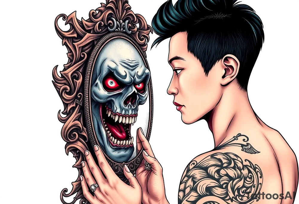 Handsome Asian young guy is looking in cursed mirror and see the evil tattoo idea