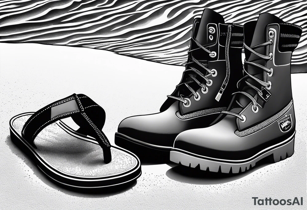 Two flip flops next to a pair of timberland boots on the Beach. ADD a cowboyhat tattoo idea