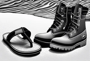 Two flip flops next to a pair of timberland boots on the Beach. ADD a cowboyhat tattoo idea