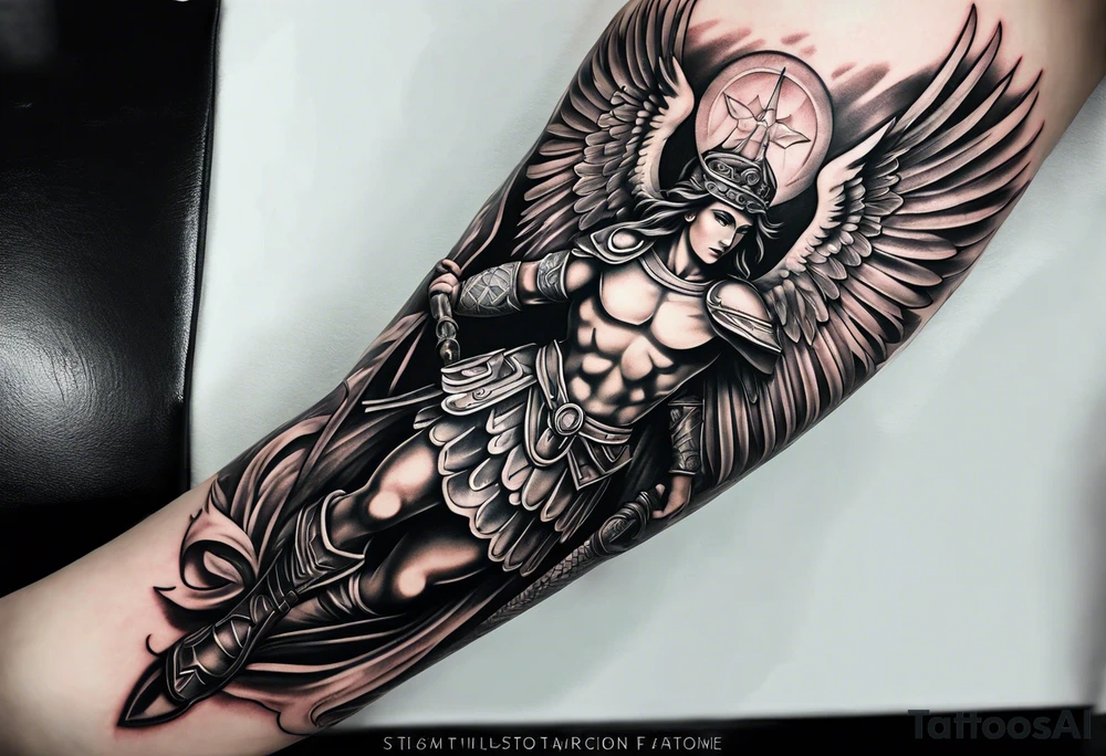 st Micheal tattoo on the outside of the forearm tattoo idea