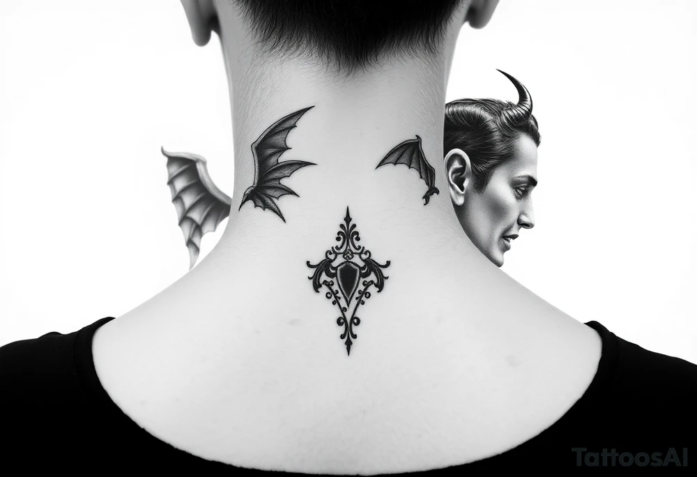 position behind the neck Angel (on the right) whispering in the right ear, demon (on the left) whispering in the left ear. It must be as realistic as possible. tattoo idea