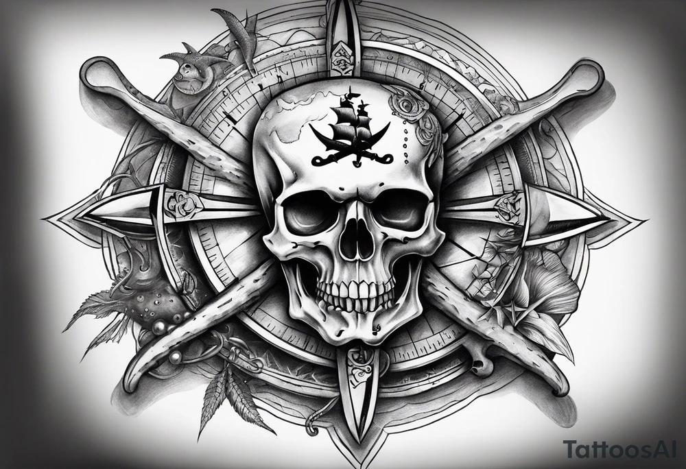 pirate themed compass with a skull and cross bones, oyster pearl, shark and starfish. tattoo idea