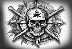 pirate themed compass with a skull and cross bones, oyster pearl, shark and starfish. tattoo idea