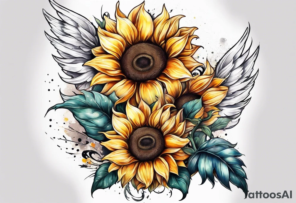 Sunflowers and angel wings leg sleeve tattoo idea