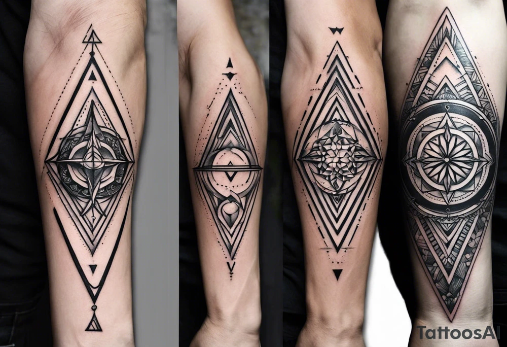 Fine line tattoo in the left forearm on the bottom side. The tattoo will have three shapes placed in a triangle formation. The top shape will be a geometric heart that symbolizes health. The bottom left will have a compass rose as a symbol for purpose. The bottom right will have three circles placed in a triangle formation to symbolize family. Tattoo should be minimalist with just the shapes filled in and no ornaments tattoo idea