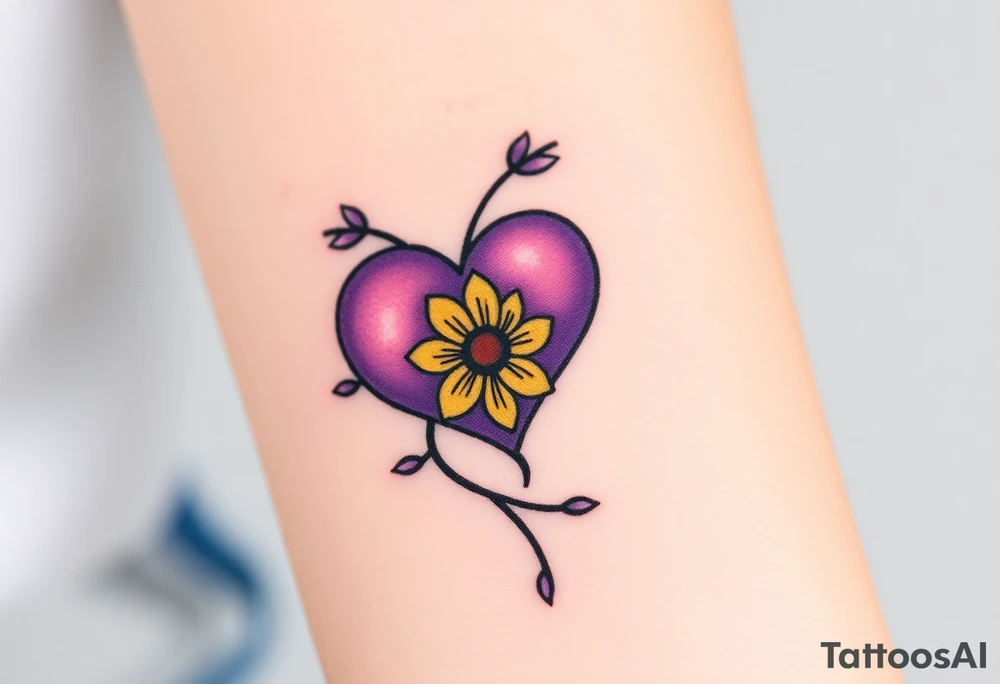 simple with Purple Hearts with yellow daisy with cross tattoo idea