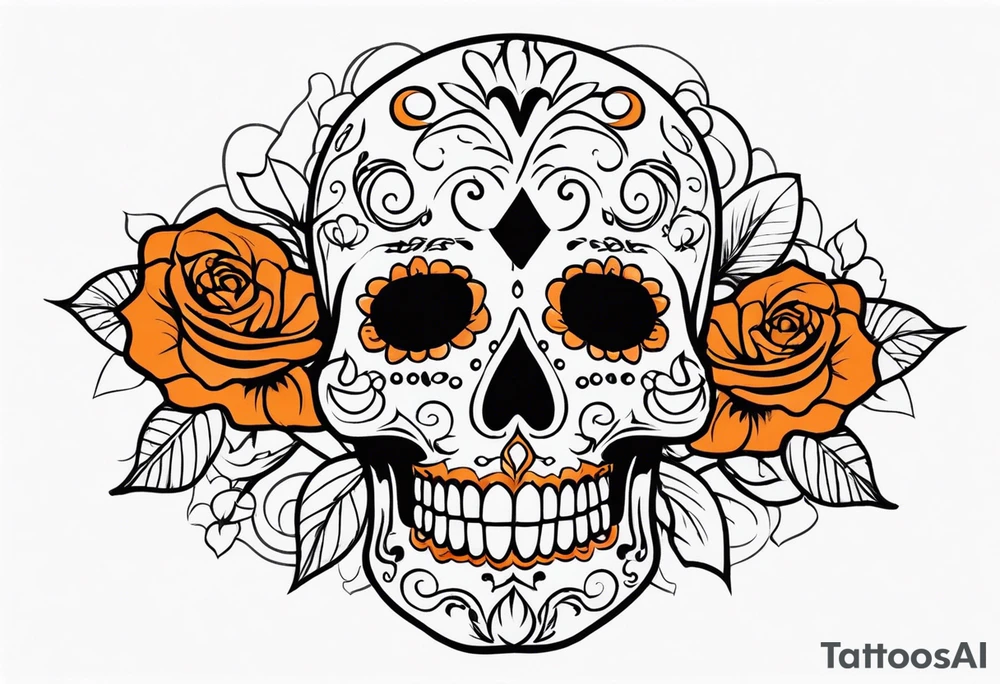 Sugar skull with roses that are orange and black with smoke around it tattoo idea