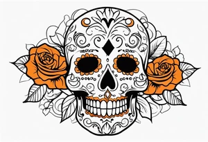 Sugar skull with roses that are orange and black with smoke around it tattoo idea