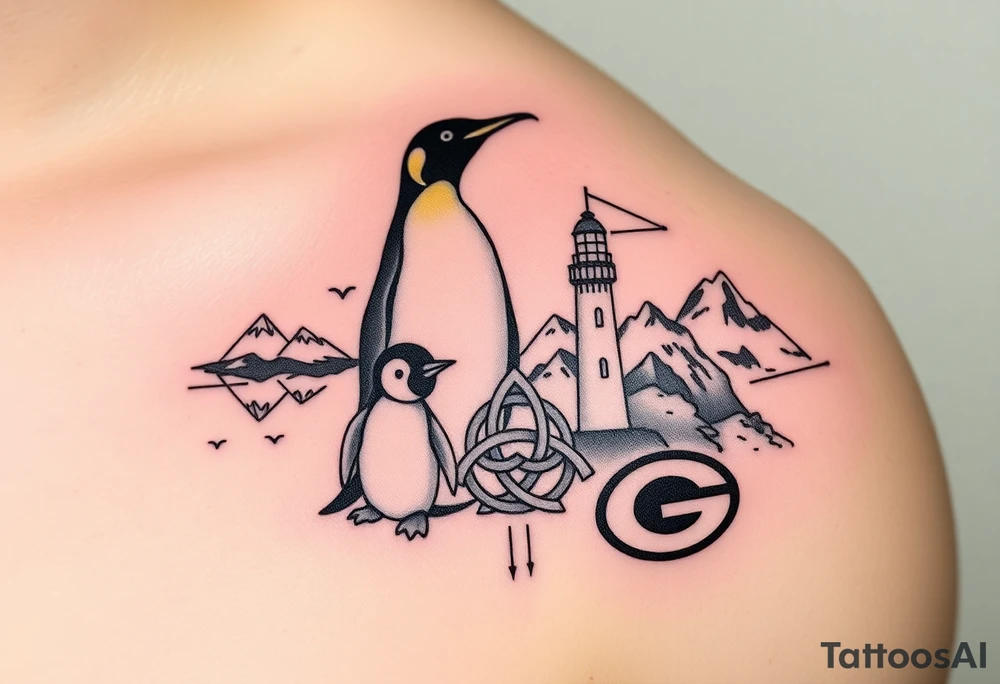 compilation outlining important things in my life such as one adult emperor penguin and 3 baby penguins, celtic trinity knot, lighthouse, mountains/nature, the green bay packers, and something to represent my 3 boys tattoo idea