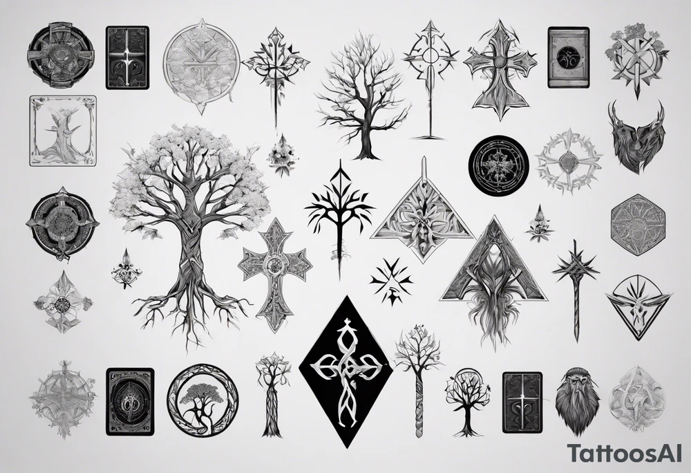 White Tree of Gondor, Geometric symbols, Viking cross, playing cards, flowers, lord of the rings, Native American headdress tattoo idea
