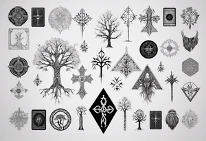 White Tree of Gondor, Geometric symbols, Viking cross, playing cards, flowers, lord of the rings, Native American headdress tattoo idea
