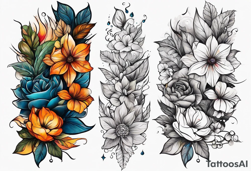 arm sleeve with fall colors, flowers, water, leaves and various shapes tattoo idea