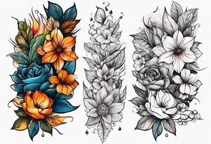 arm sleeve with fall colors, flowers, water, leaves and various shapes tattoo idea