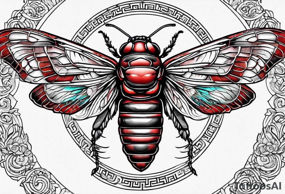 cicada on top of red greek design tattoo idea