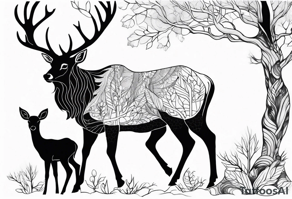 a large majestic male with large antlers, a graceful female and a small fawn. In the background, majestic trees, such as spruce and birch, tattoo idea