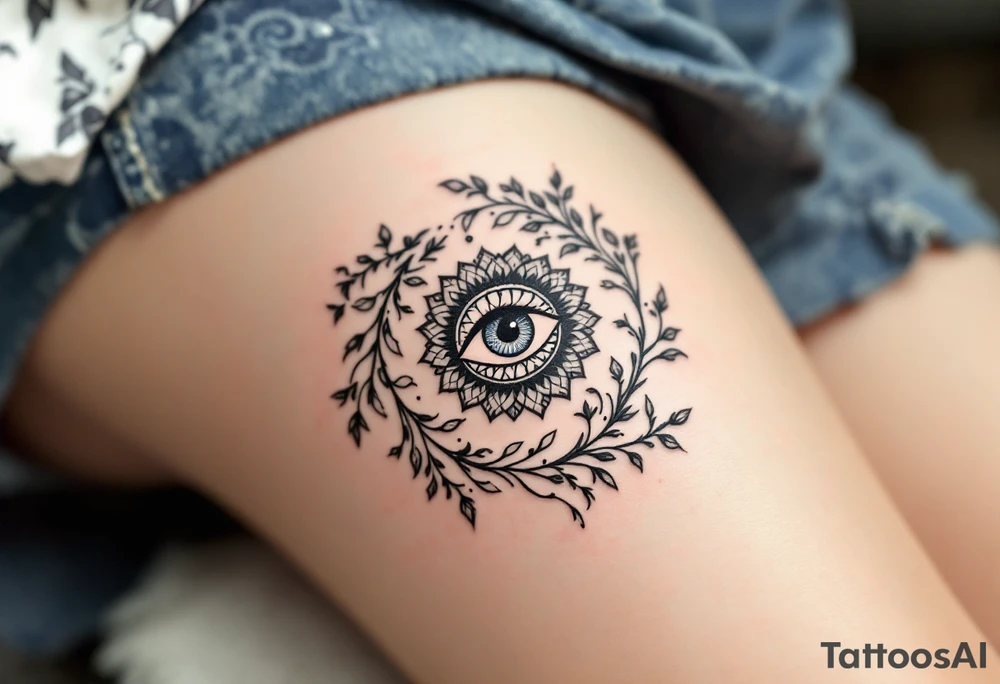 A simple yet powerful circle with the design of an eye of protection (like the Evil Eye symbol) at the center, surrounded by soft floral patterns. This tattoo symbolizes both spiritual protection and femininity. tattoo idea