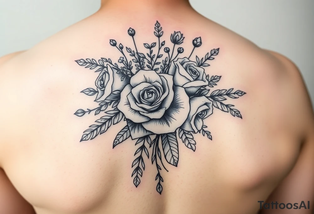 vintage bouquet of wild roses and meadow flowers with morning dew tattoo idea