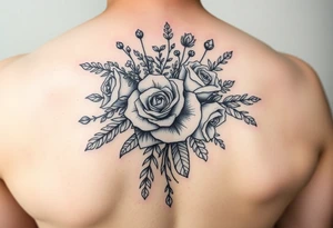 vintage bouquet of wild roses and meadow flowers with morning dew tattoo idea