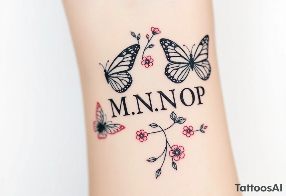 butterflies and flowers 
Letters L,M,N,O,P discreetly hidden among the foliage tattoo idea