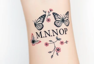 butterflies and flowers 
Letters L,M,N,O,P discreetly hidden among the foliage tattoo idea