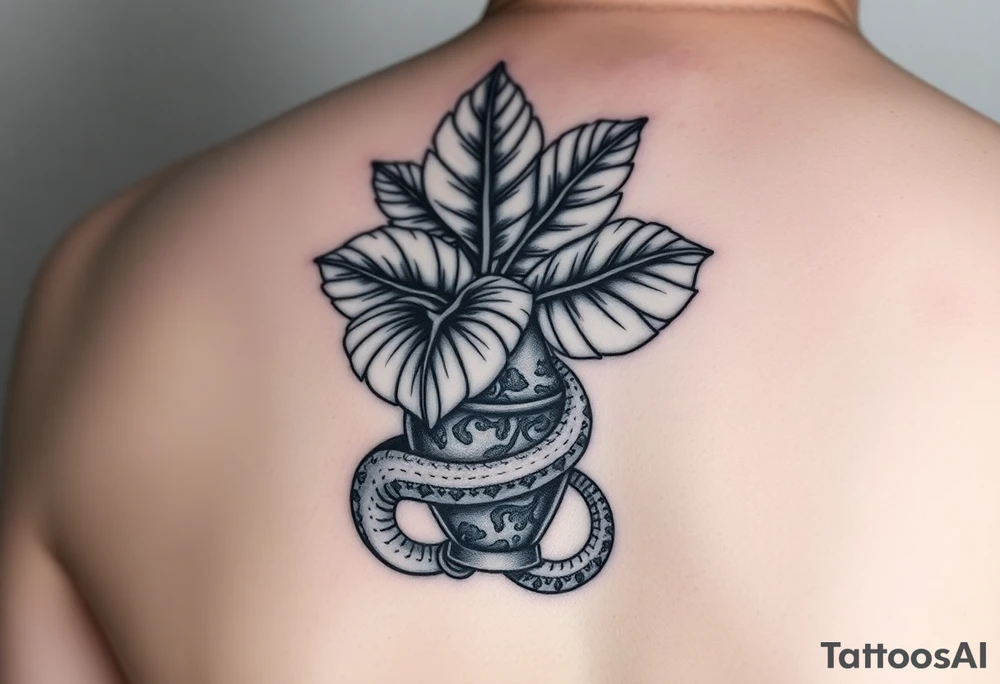 Large Decorative vase with large monstera leaves and a snake wraped around tattoo idea