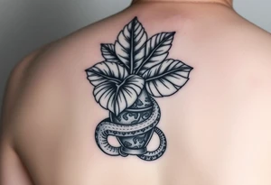 Large Decorative vase with large monstera leaves and a snake wraped around tattoo idea