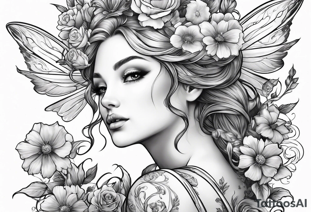 Flying Fairy with flowers tattoo idea