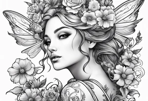 Flying Fairy with flowers tattoo idea