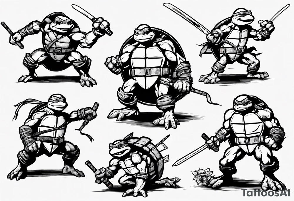 all four teenage mutant ninja turtles fighting enemies in a cityscape tattoo idea