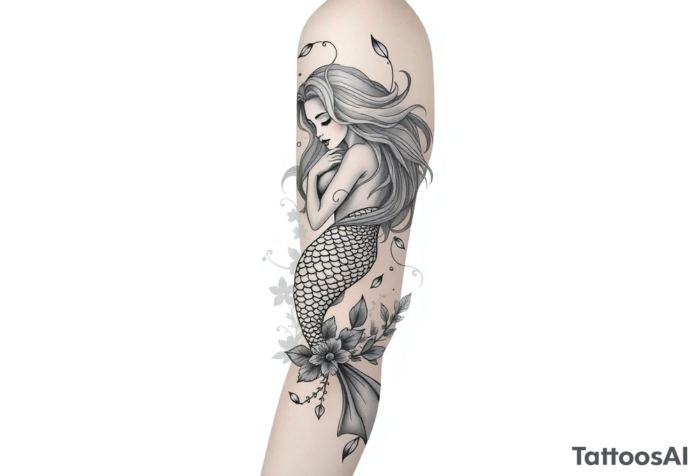 ethereal mermaid with flowing hair among coral and sea flowers tattoo idea