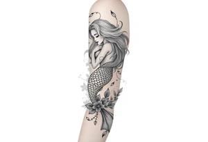 ethereal mermaid with flowing hair among coral and sea flowers tattoo idea
