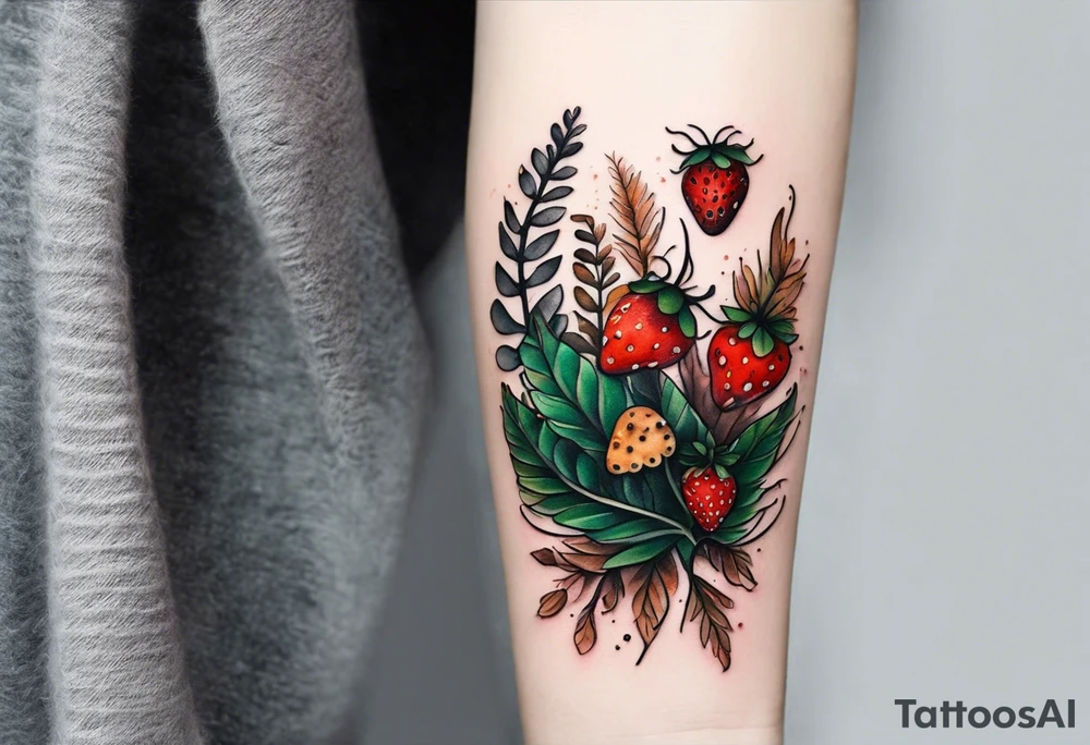 forest floor inspired minimalist tattoo, which includes grass, curly ferns and dead leaves as the bulk of the tattoo. details to include: three very tiny strawberries, a tiny bumblebee flying nearby, three small brown mushrooms tattoo idea