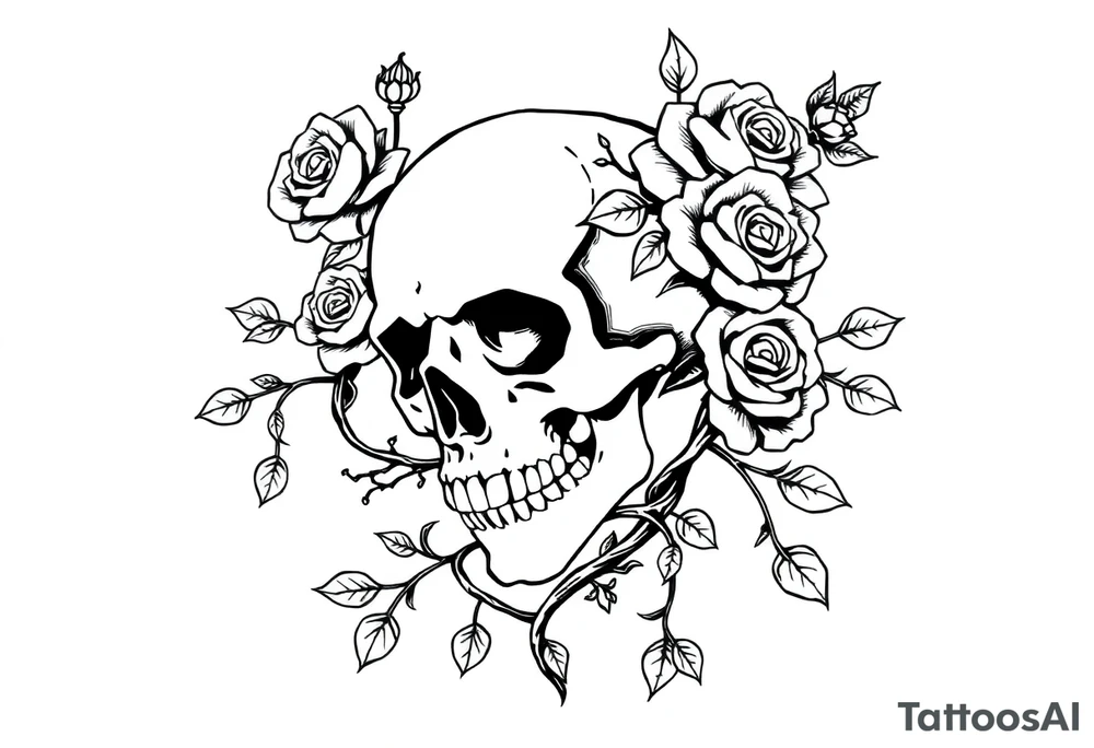 gothic skull intertwined with climbing roses and thorny vines simple weird odd surreal unreal abstract tattoo idea