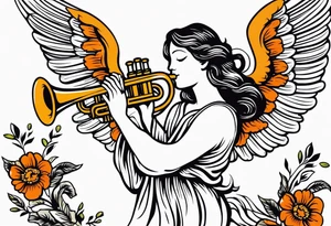 angel with trumpet
old school vintage simple traditional design with vintage flowers surrounding it bold color simple tattoo idea