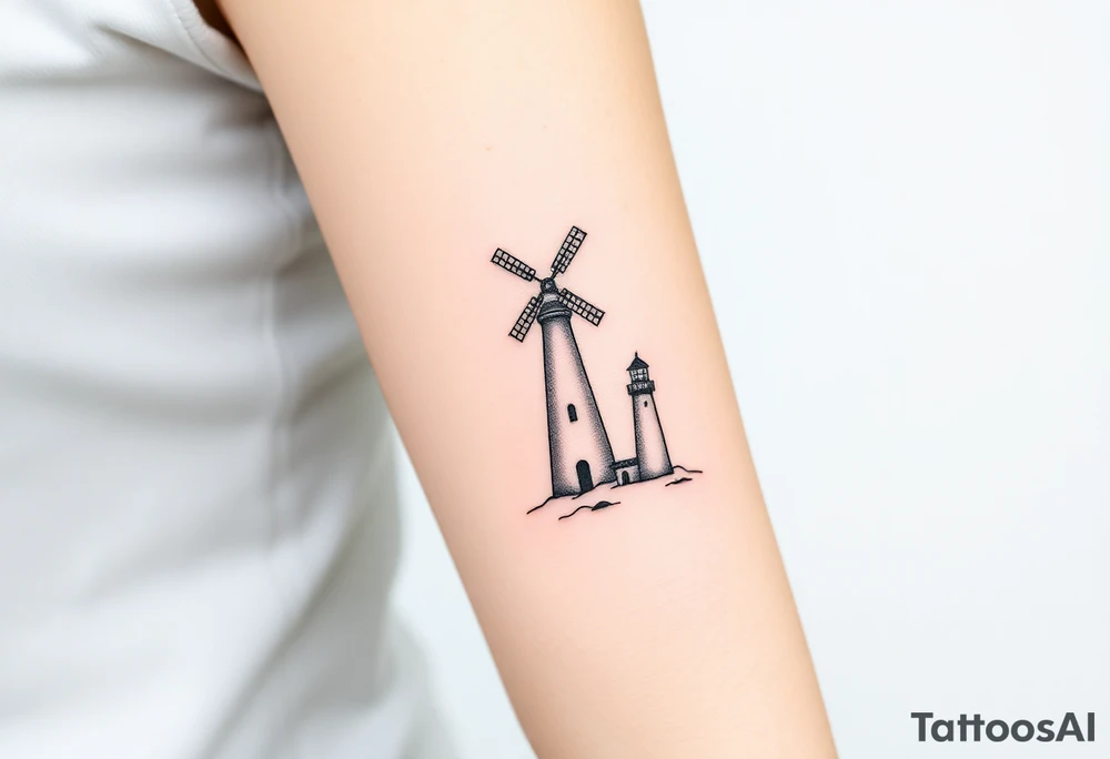 Windmill and lighthouse intertwined tattoo idea