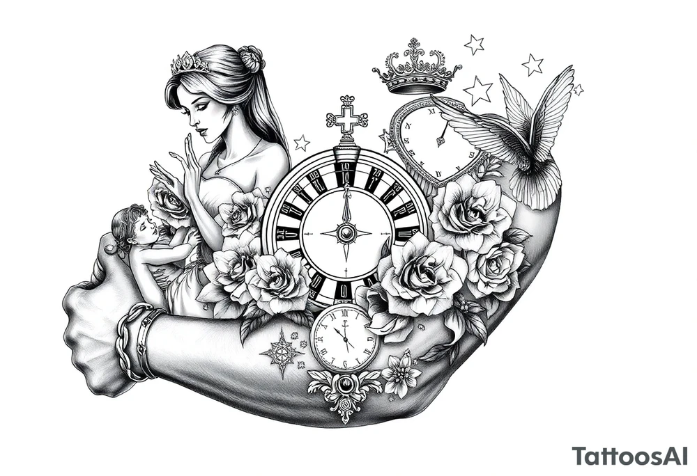 Roulette casino and princess and cross, baby angels, roses and clock and stars and fish, crown tattoo idea