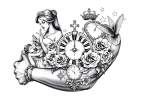 Roulette casino and princess and cross, baby angels, roses and clock and stars and fish, crown tattoo idea